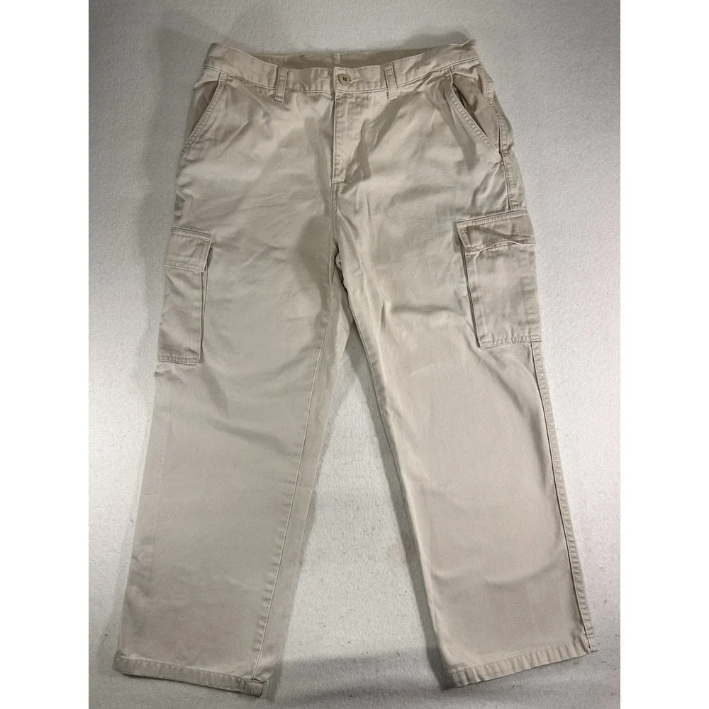 Ralph Lauren Boys Cargo Pants Beige Solid 100% Cotton Button Casual Wash